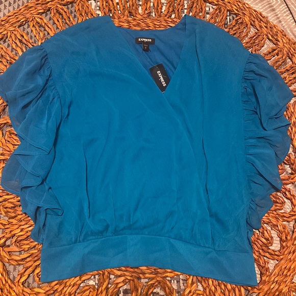 Express Size S - Blue Wrap Front Ruffle Sleeve Top - Picture 2 of 5